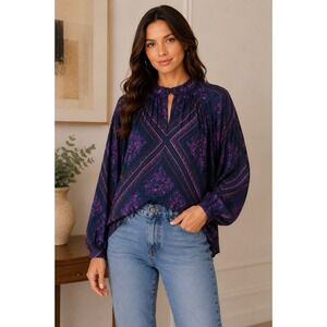 Free People Purple Floral Geometric Boho Blouse Keyhole Neck OB618347 Womens M
